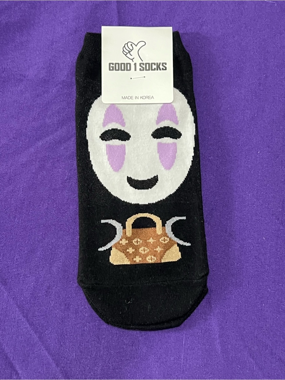 Good 1 Socks Black No-Face Character Ankle Socks with Tan Bag Detail